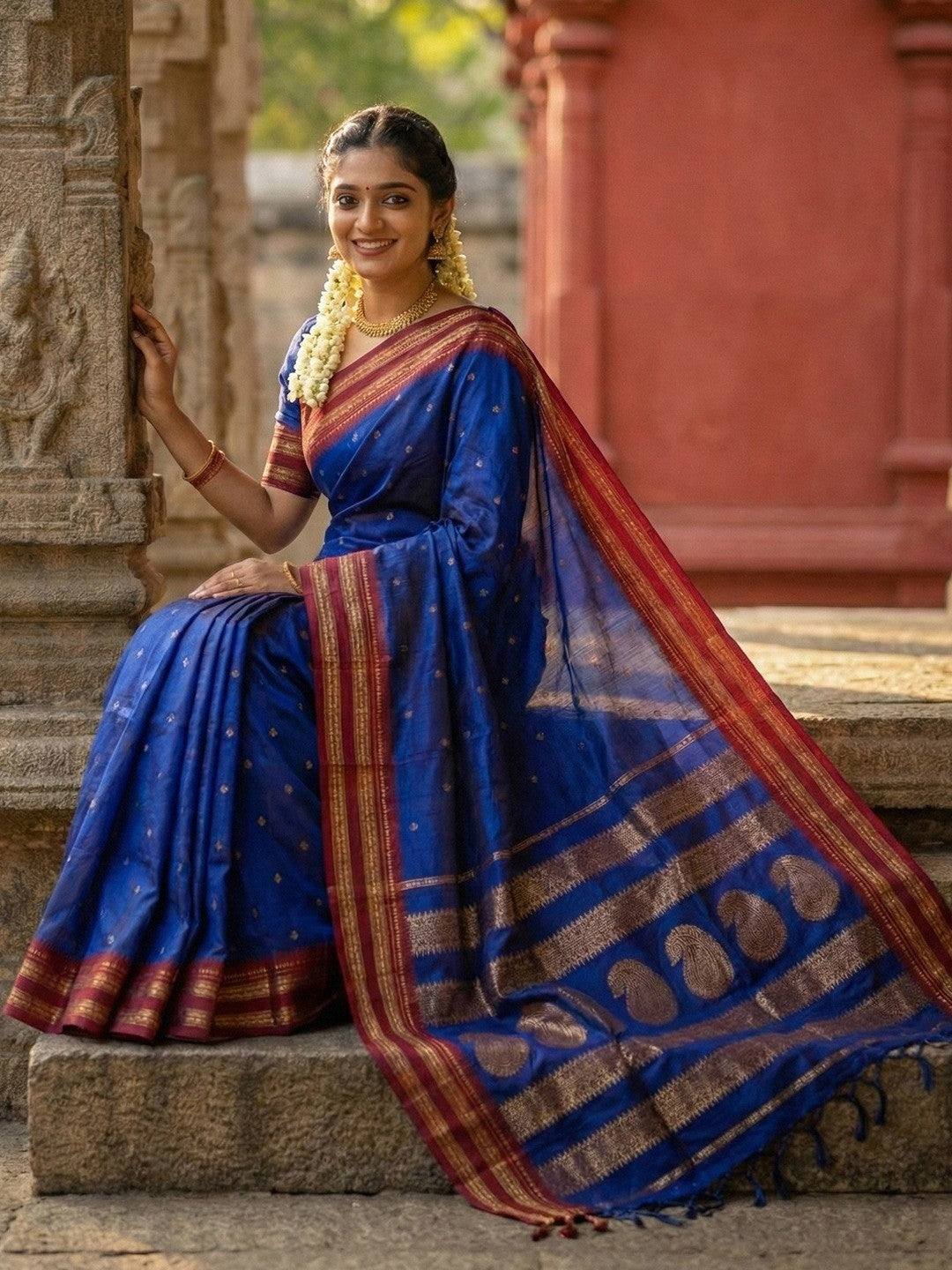 Graceful Royal Blue Woven Silk Blend Saree With Paisley Pattern Pallu & Decorative Tassels - Image 2