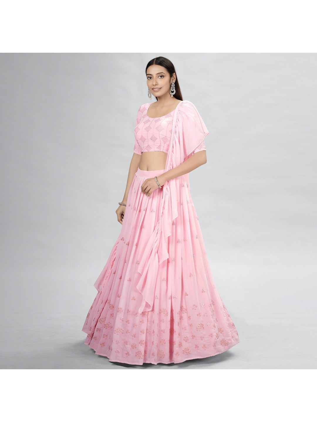 Pink Embroidered Georgette Lehenga Choli - Image 3