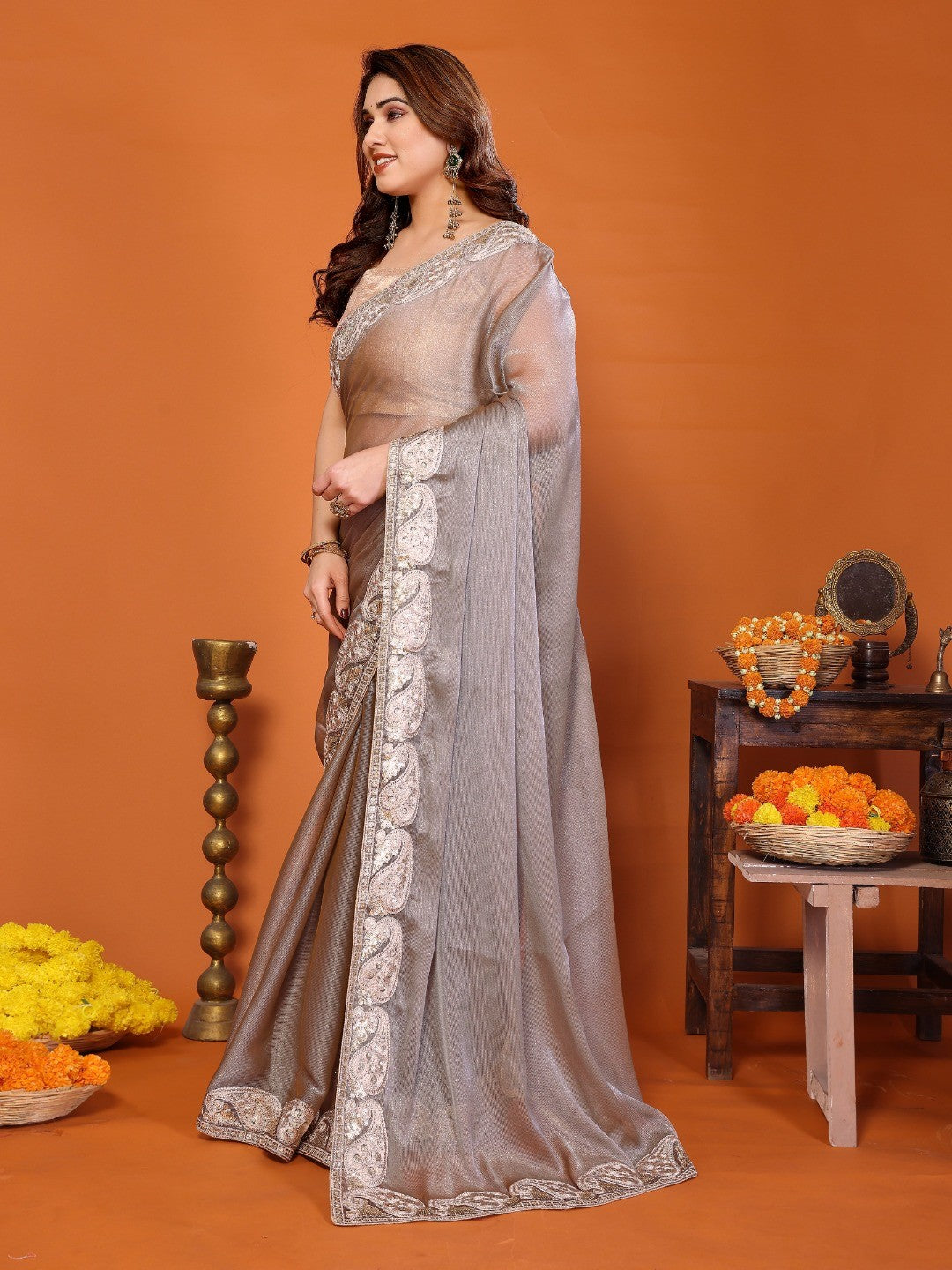 Elegant Grey Chiffon Saree Featuring Shimmering Sequins Cording Embroidered Work - Image 3