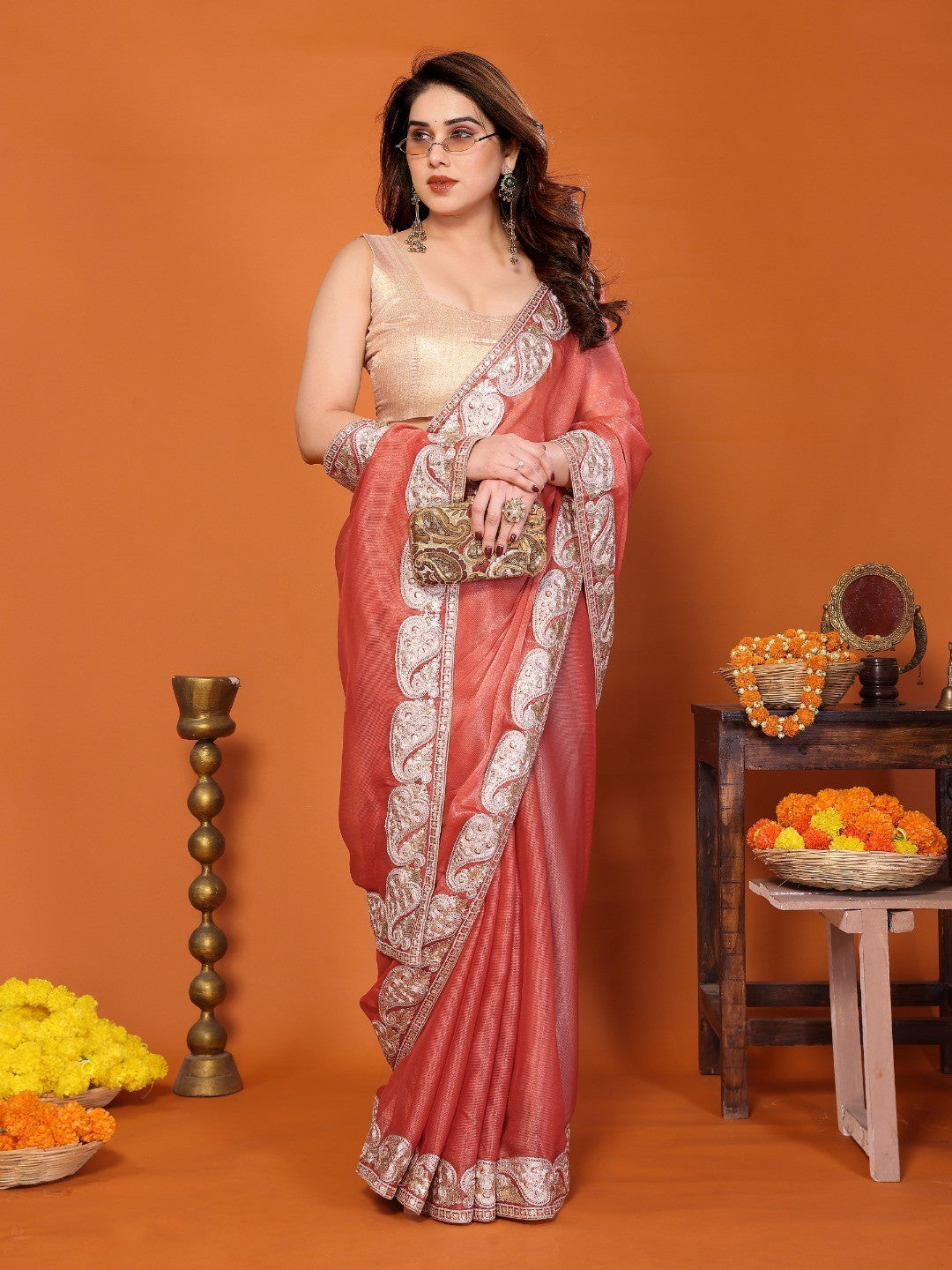 Elegant Peach Chiffon Saree Featuring Shimmering Sequins Cording Embroidered Work - Image 5