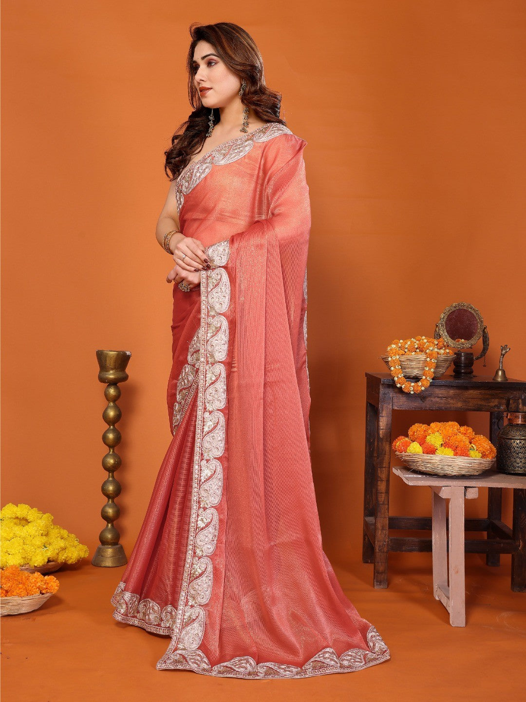 Elegant Peach Chiffon Saree Featuring Shimmering Sequins Cording Embroidered Work - Image 4
