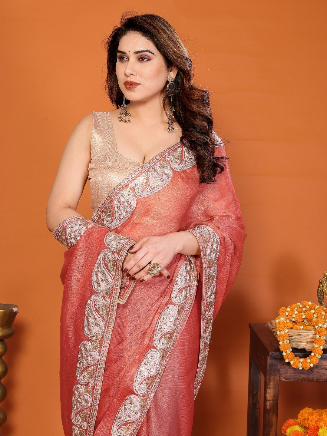 Elegant Peach Chiffon Saree Featuring Shimmering Sequins Cording Embroidered Work - Image 3