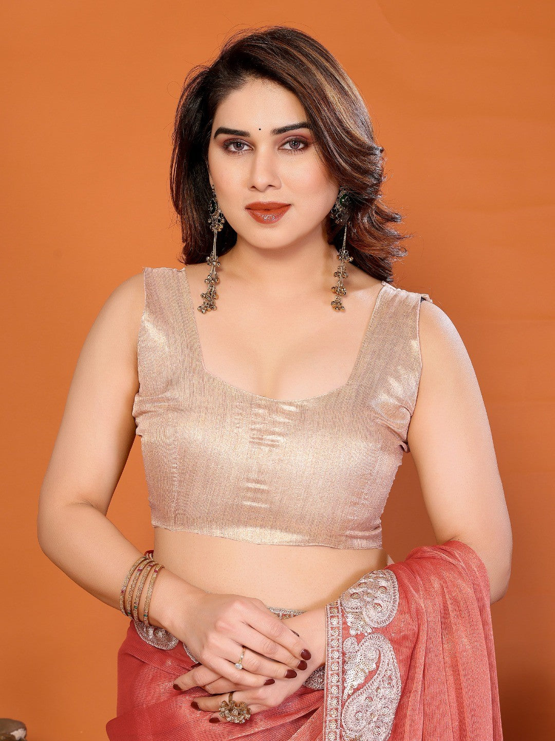 Elegant Peach Chiffon Saree Featuring Shimmering Sequins Cording Embroidered Work - Image 2