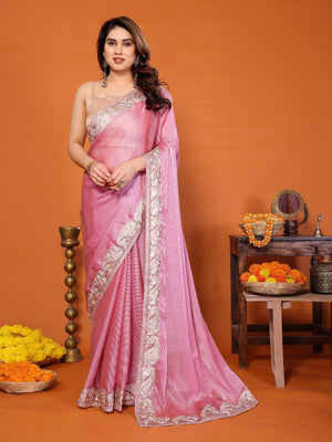 Elegant Pink Chiffon Saree Featuring Shimmering Sequins Cording Embroidered Work - Image 1