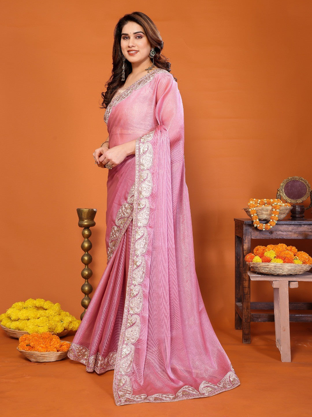Elegant Pink Chiffon Saree Featuring Shimmering Sequins Cording Embroidered Work - Image 4
