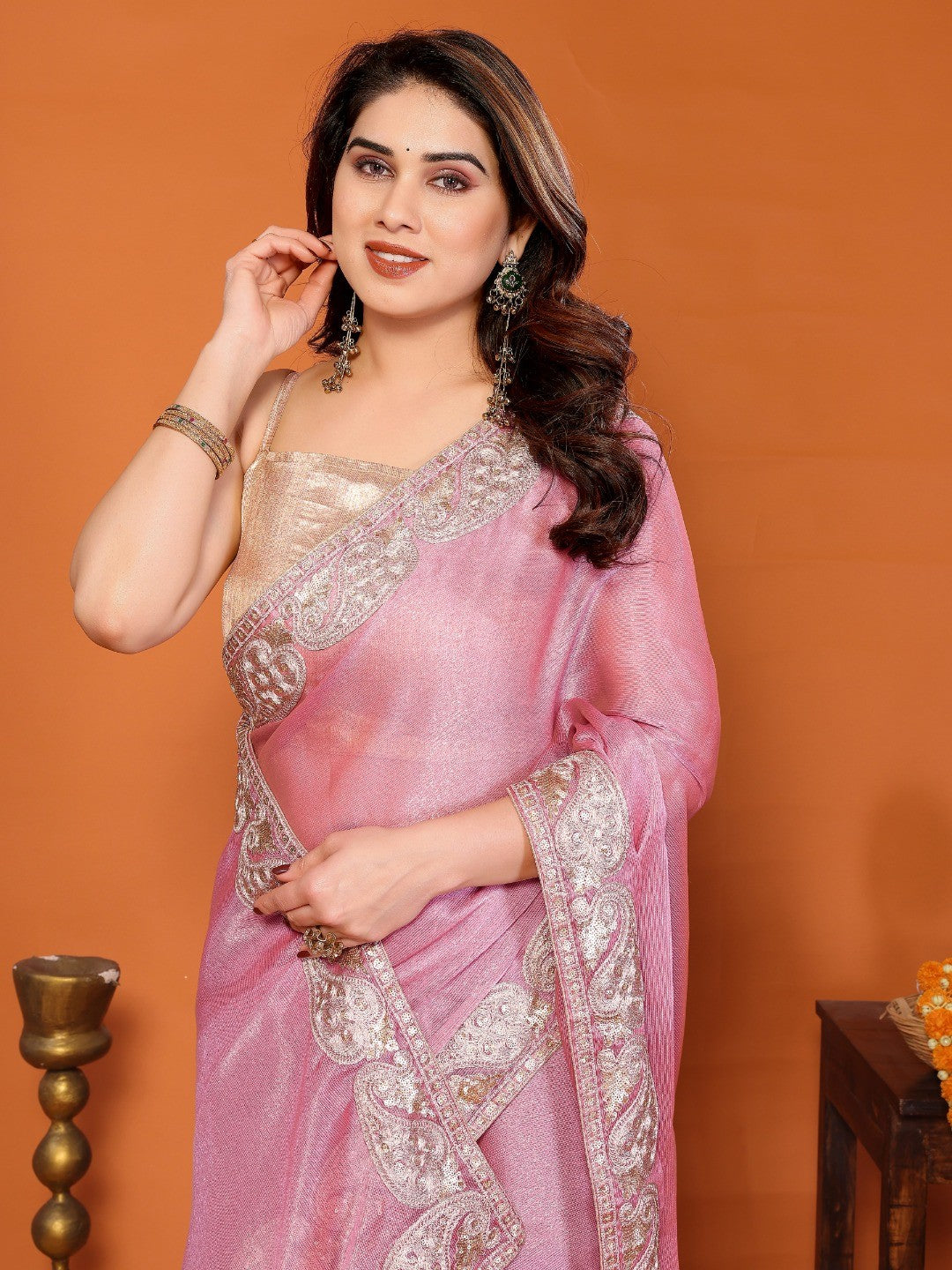 Elegant Pink Chiffon Saree Featuring Shimmering Sequins Cording Embroidered Work - Image 4