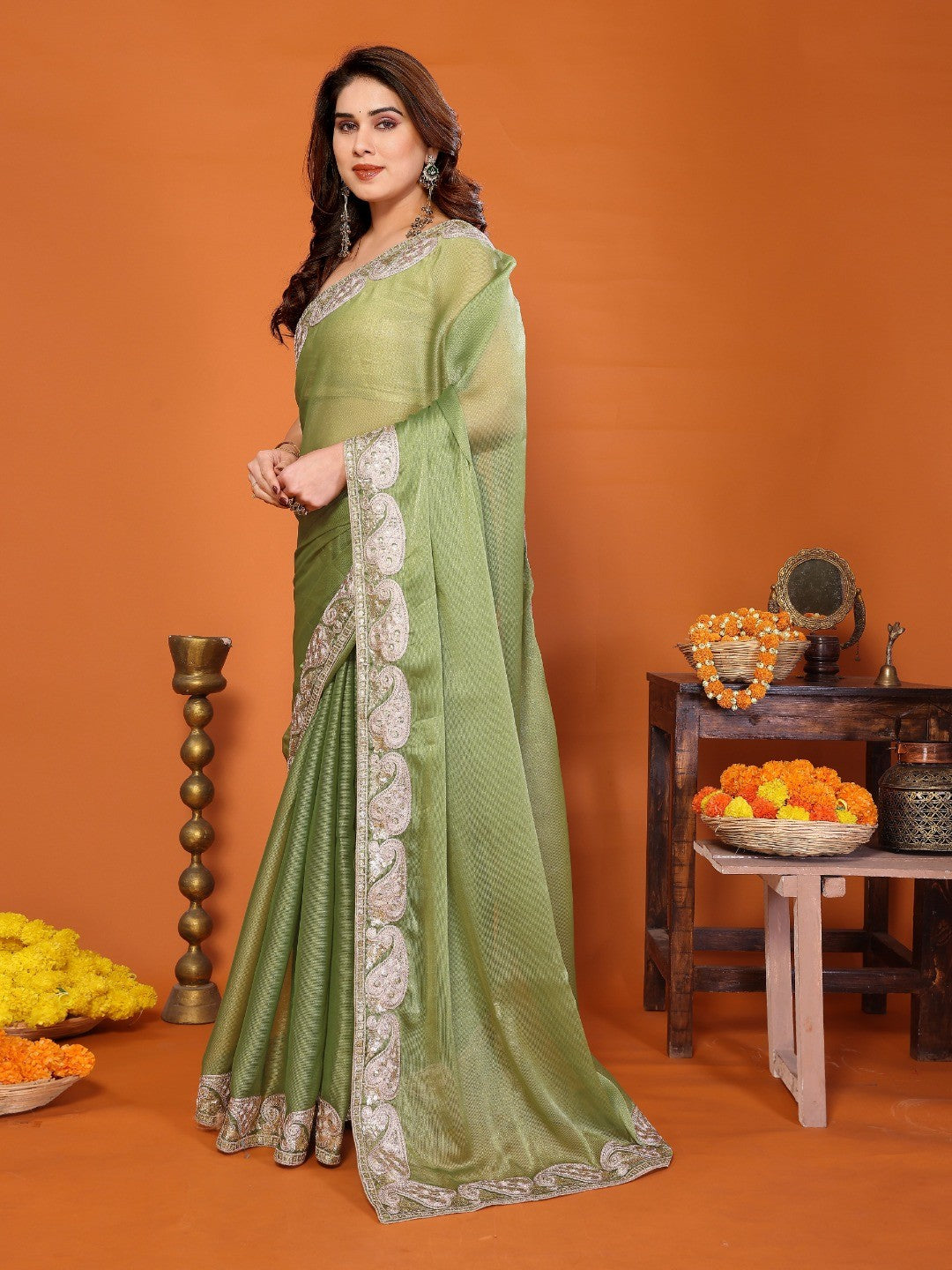 Elegant Pista Green Chiffon Saree Featuring Shimmering Sequins Cording Embroidered Work - Image 5