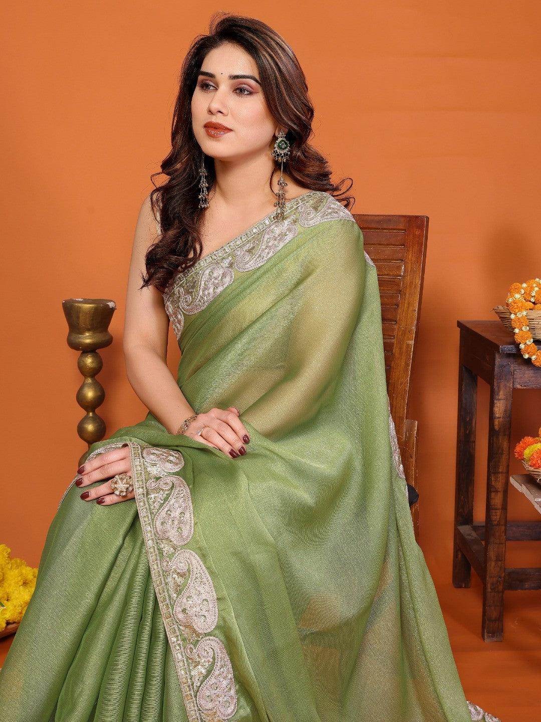 Elegant Pista Green Chiffon Saree Featuring Shimmering Sequins Cording Embroidered Work - Image 4