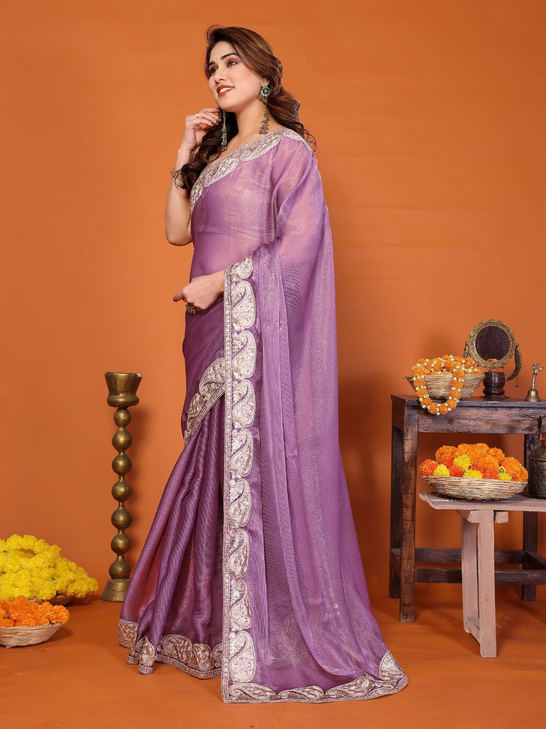Elegant Purple Chiffon Saree Featuring Shimmering Sequins Cording Embroidered Work - Image 5