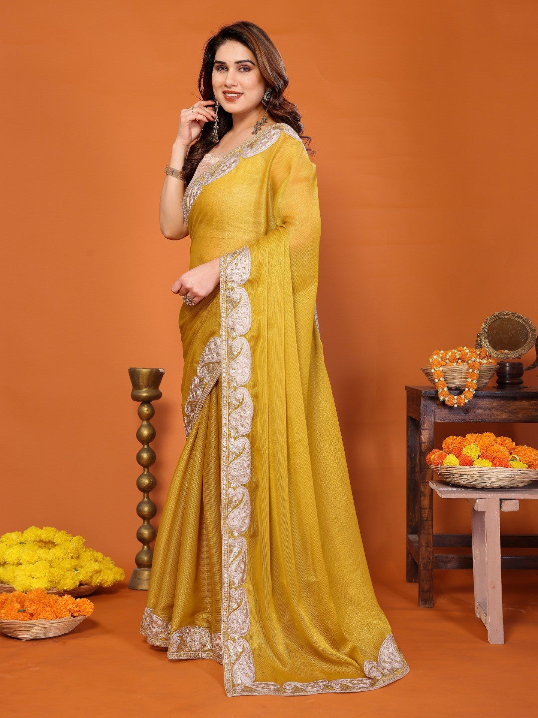 Elegant Yellow Chiffon Saree Featuring Shimmering Sequins Cording Embroidered Work - Image 4