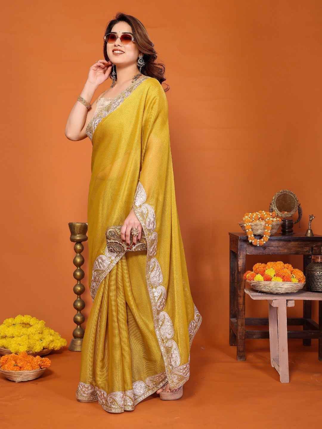 Elegant Yellow Chiffon Saree Featuring Shimmering Sequins Cording Embroidered Work - Image 5
