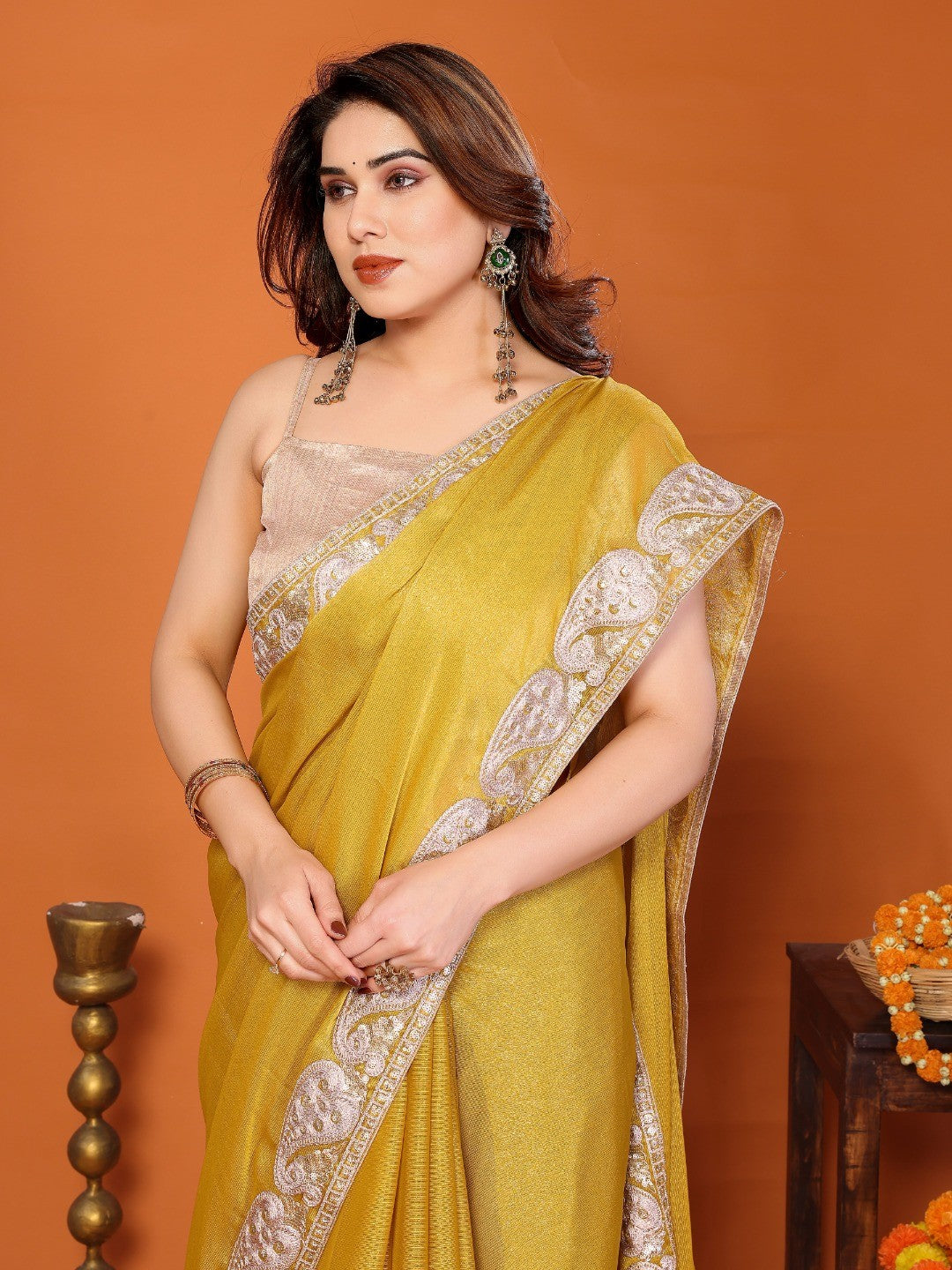 Elegant Yellow Chiffon Saree Featuring Shimmering Sequins Cording Embroidered Work - Image 3