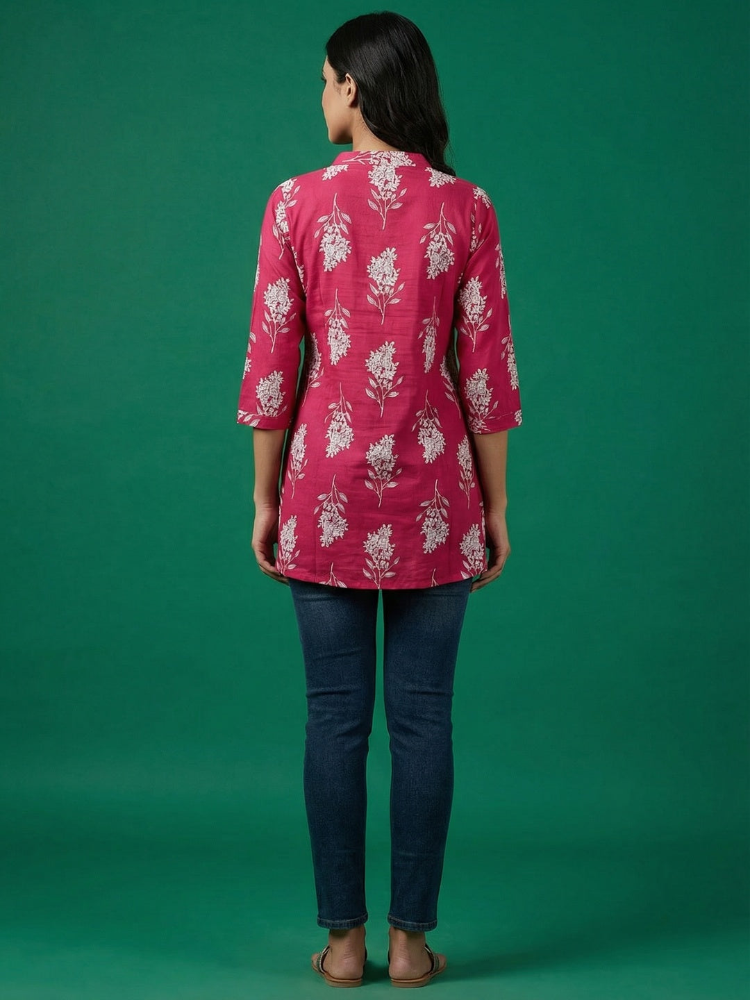 Pink Floral Print Pure Cotton Top Crafted for Relaxed Casual Wear - Image 4