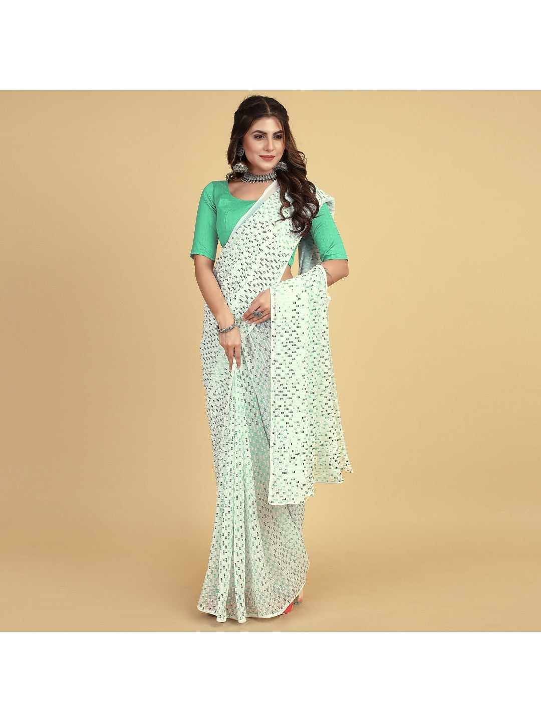 White & Sea Green Sequins Embroidered Georgette Saree - Image 6