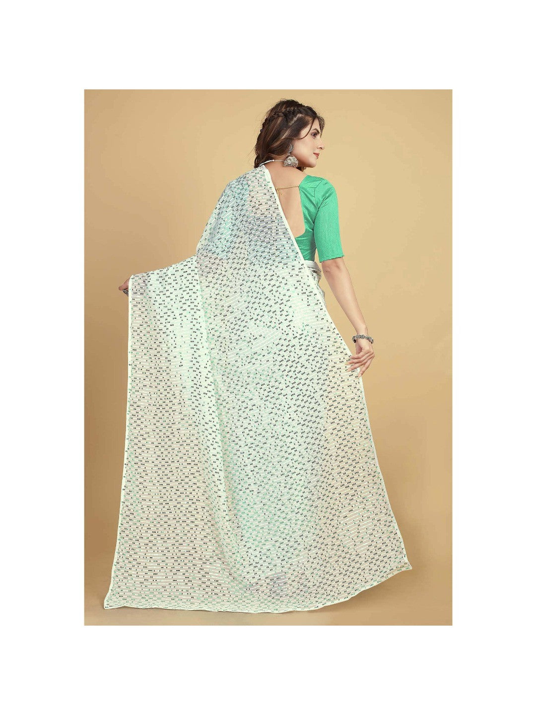 White & Sea Green Sequins Embroidered Georgette Saree - Image 4