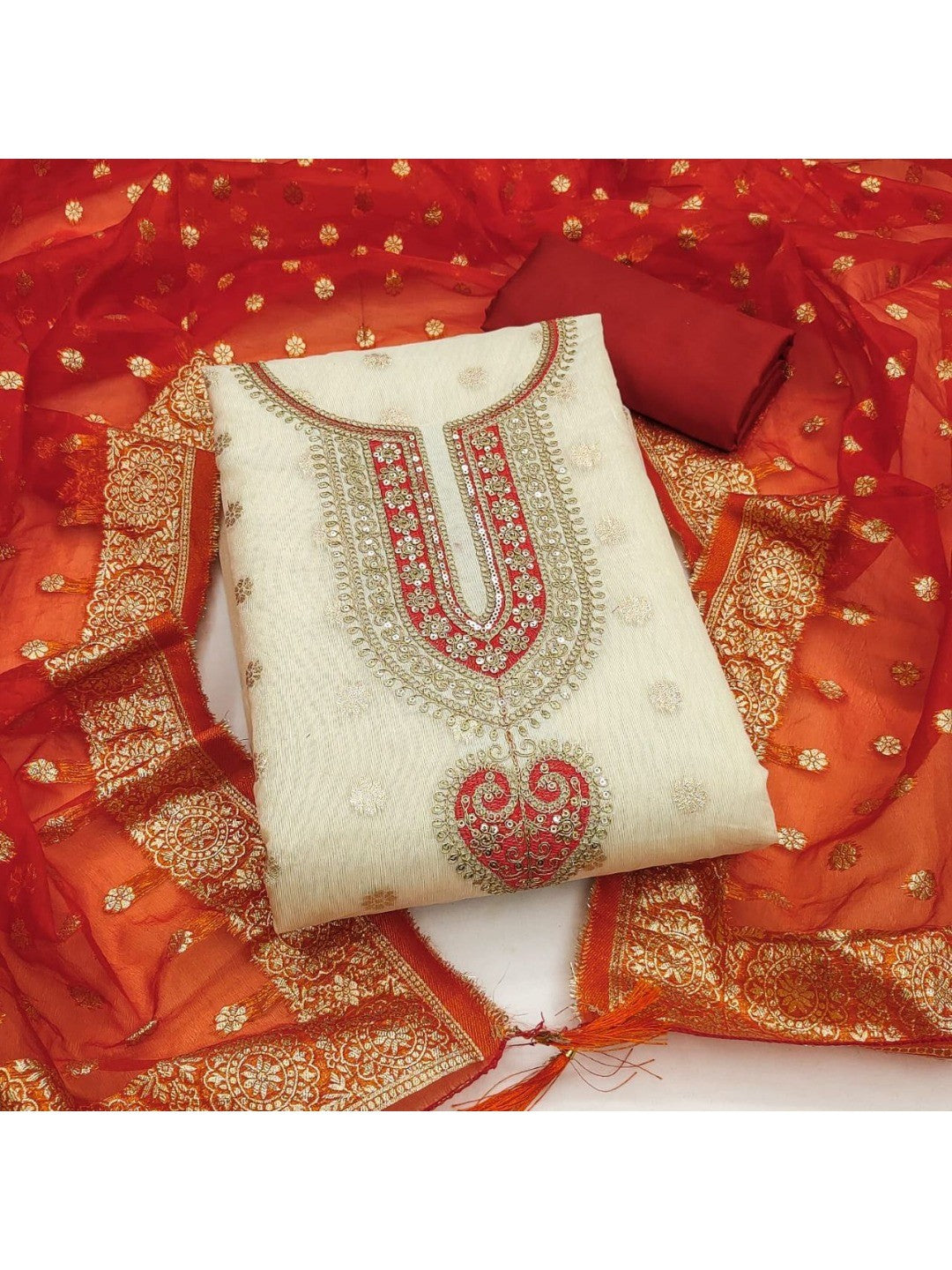 Cream & Orange Butti Weaving Shimmer Dress Material With Elegant Cording Embroidery Work On Neck - Image 1