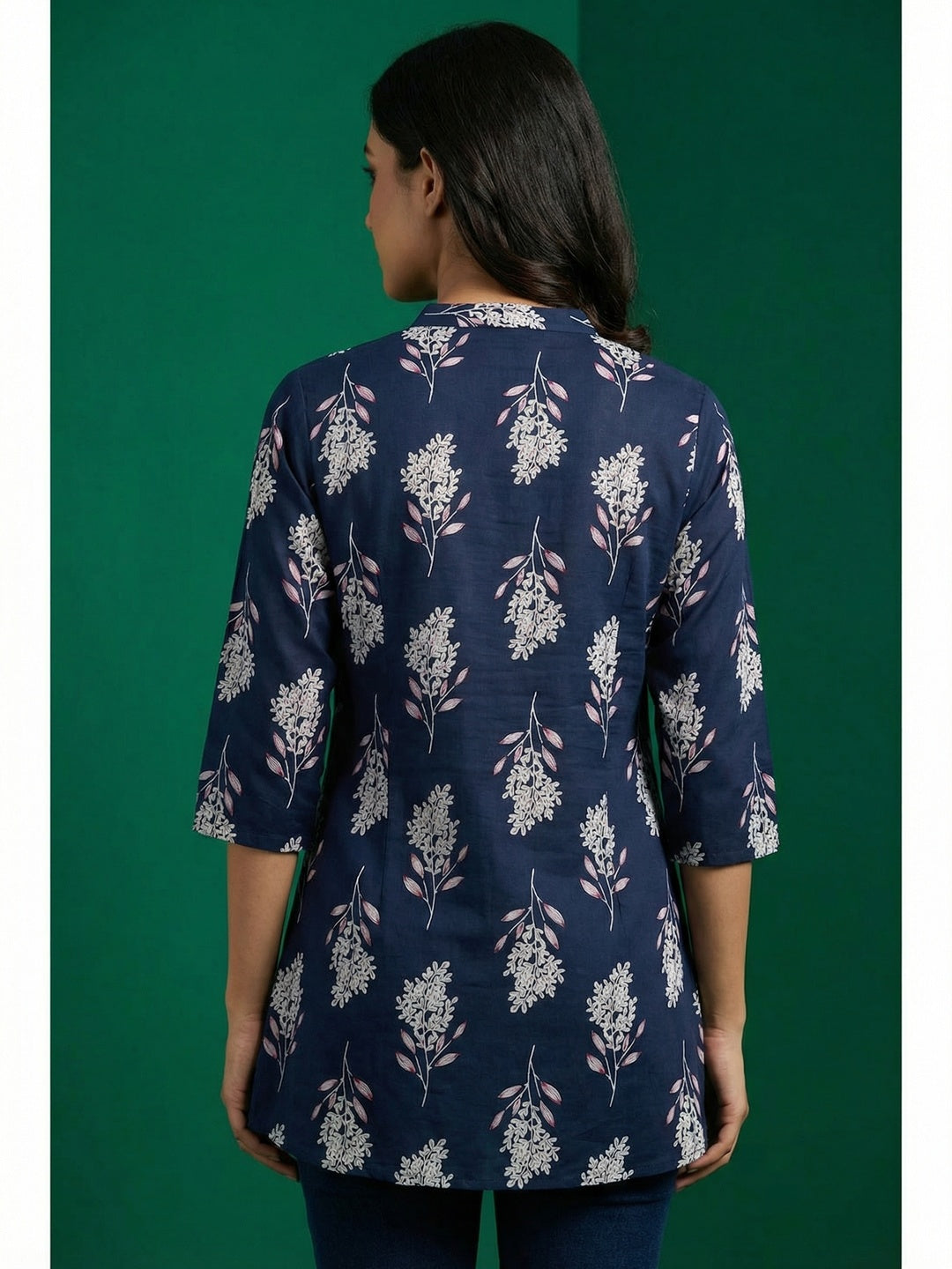 Navy Blue Floral Print Pure Cotton Top Crafted for Relaxed Casual Wear - Image 3