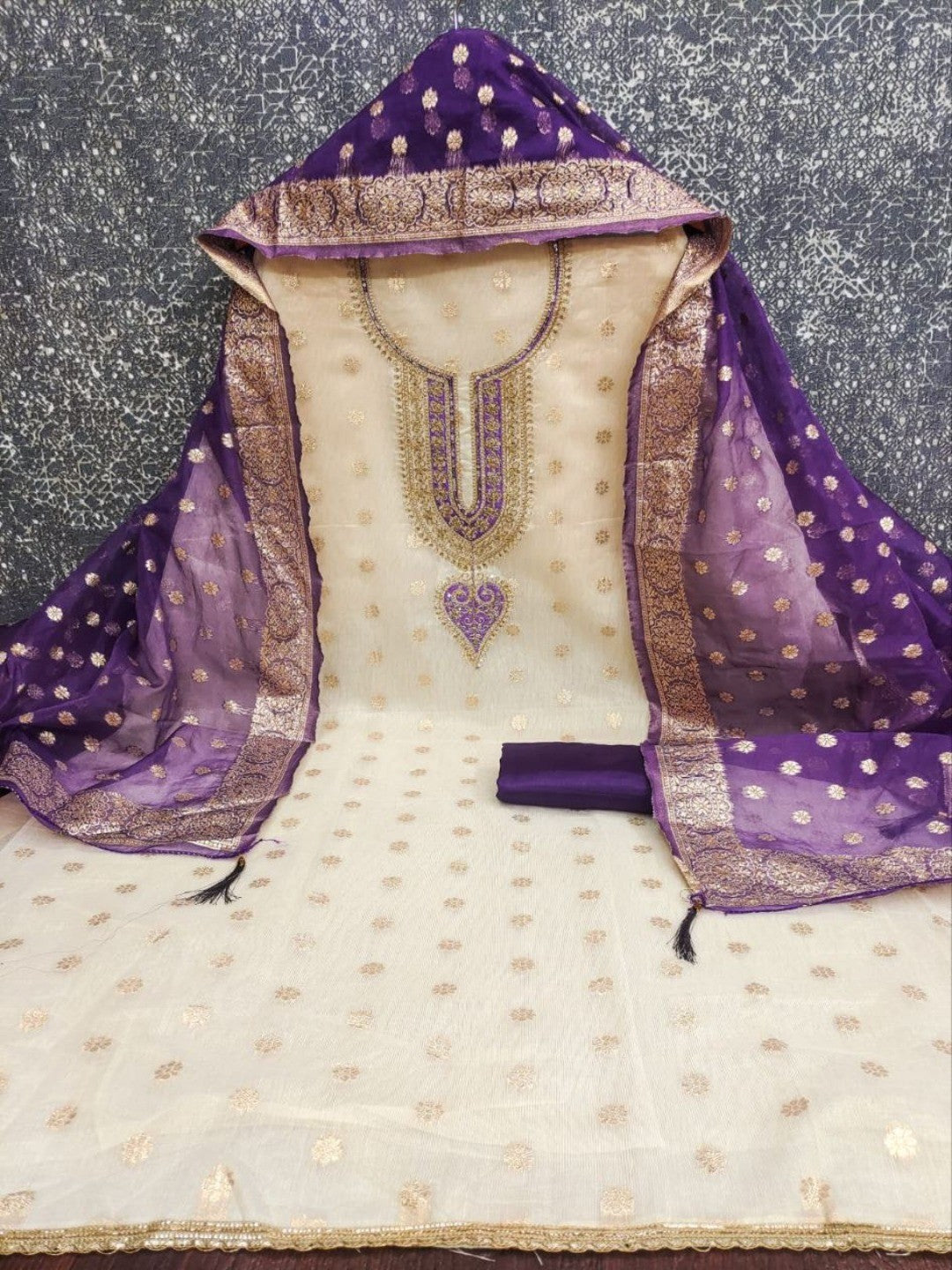 Cream & Purple Butti Weaving Shimmer Dress Material With Elegant Cording Embroidery Work On Neck - Image 3