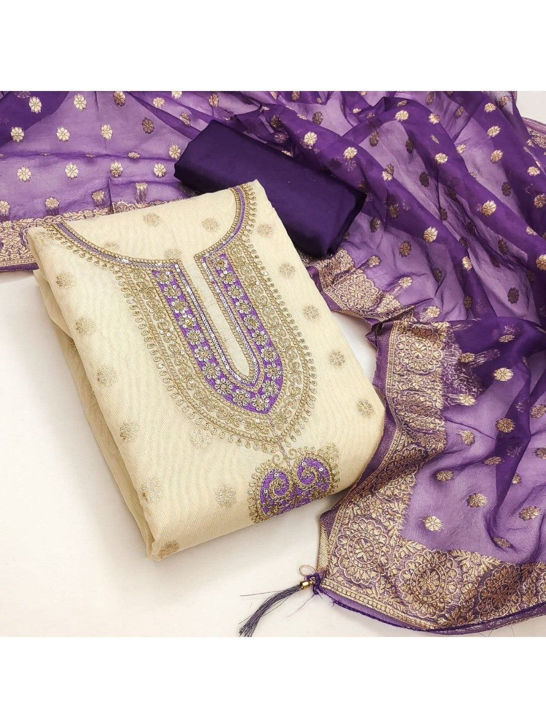 Cream & Purple Butti Weaving Shimmer Dress Material With Elegant Cording Embroidery Work On Neck - Image 4
