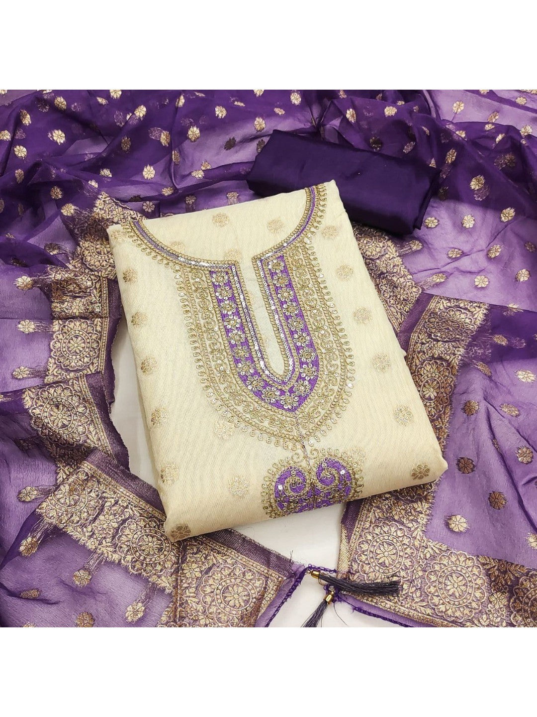 Cream & Purple Butti Weaving Shimmer Dress Material With Elegant Cording Embroidery Work On Neck - Image 5