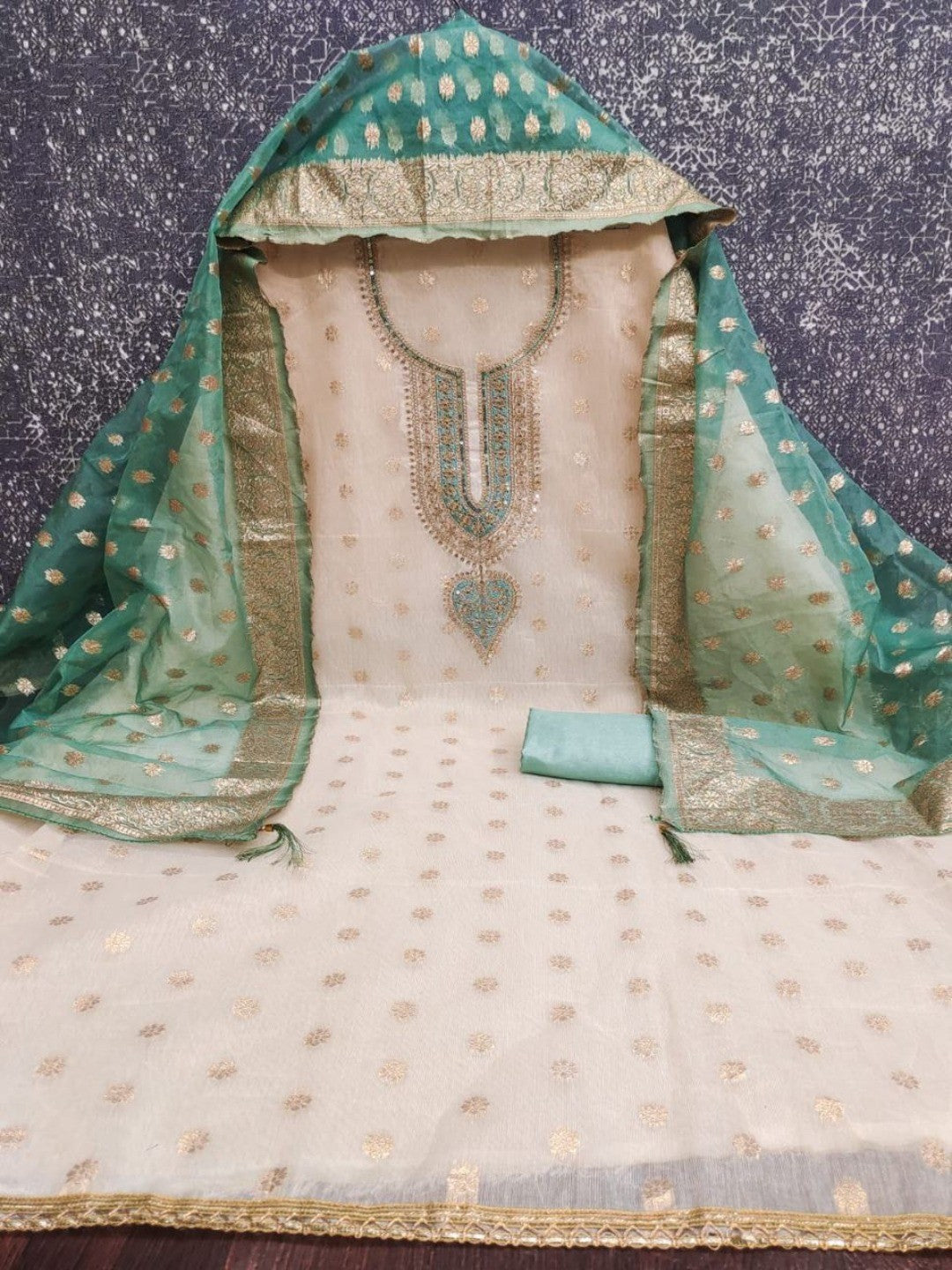 Cream & Turquoise Butti Weaving Shimmer Dress Material With Elegant Cording Embroidery Work On Neck - Image 4