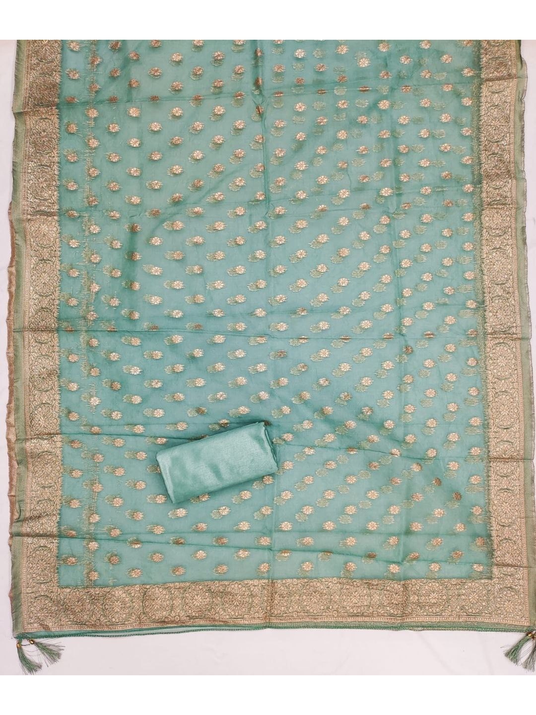 Cream & Turquoise Butti Weaving Shimmer Dress Material With Elegant Cording Embroidery Work On Neck - Image 5