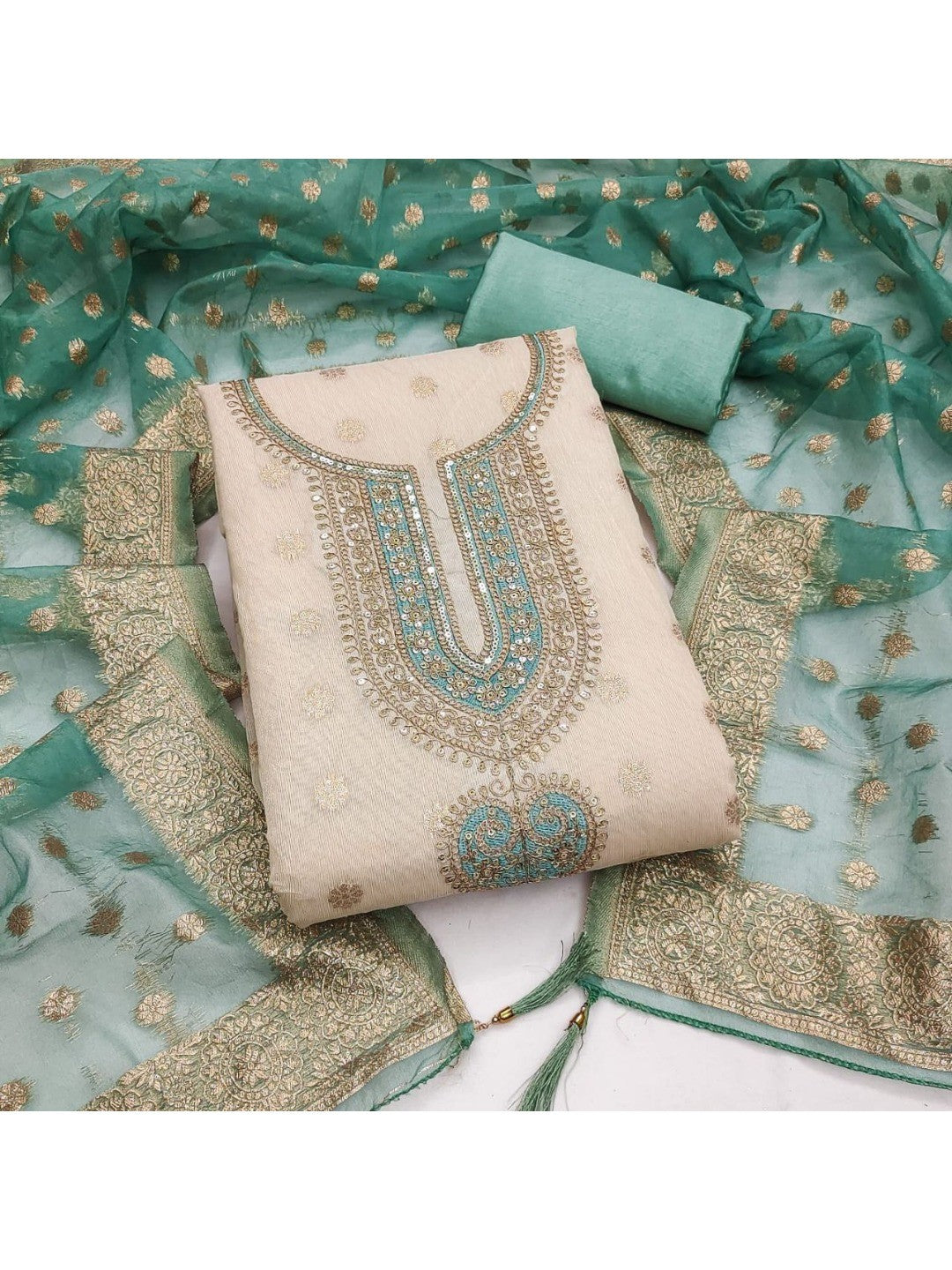 Cream & Turquoise Butti Weaving Shimmer Dress Material With Elegant Cording Embroidery Work On Neck - Image 1