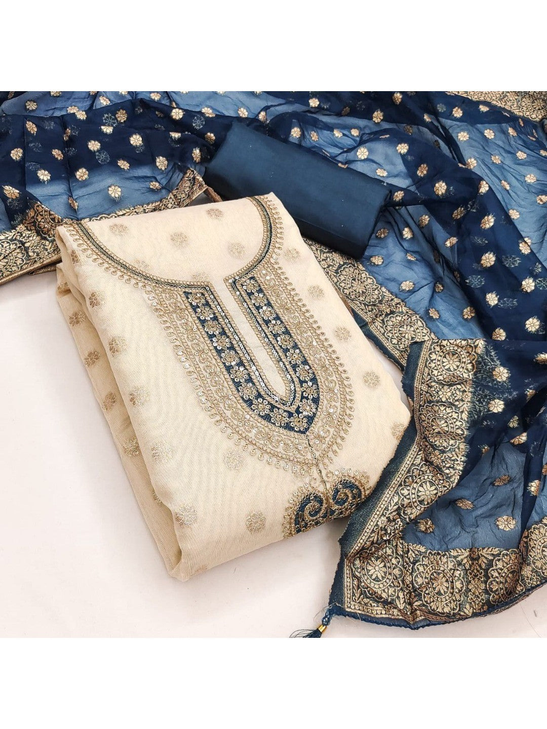 Cream & Blue Butti Weaving Shimmer Dress Material With Elegant Cording Embroidery Work On Neck - Image 4