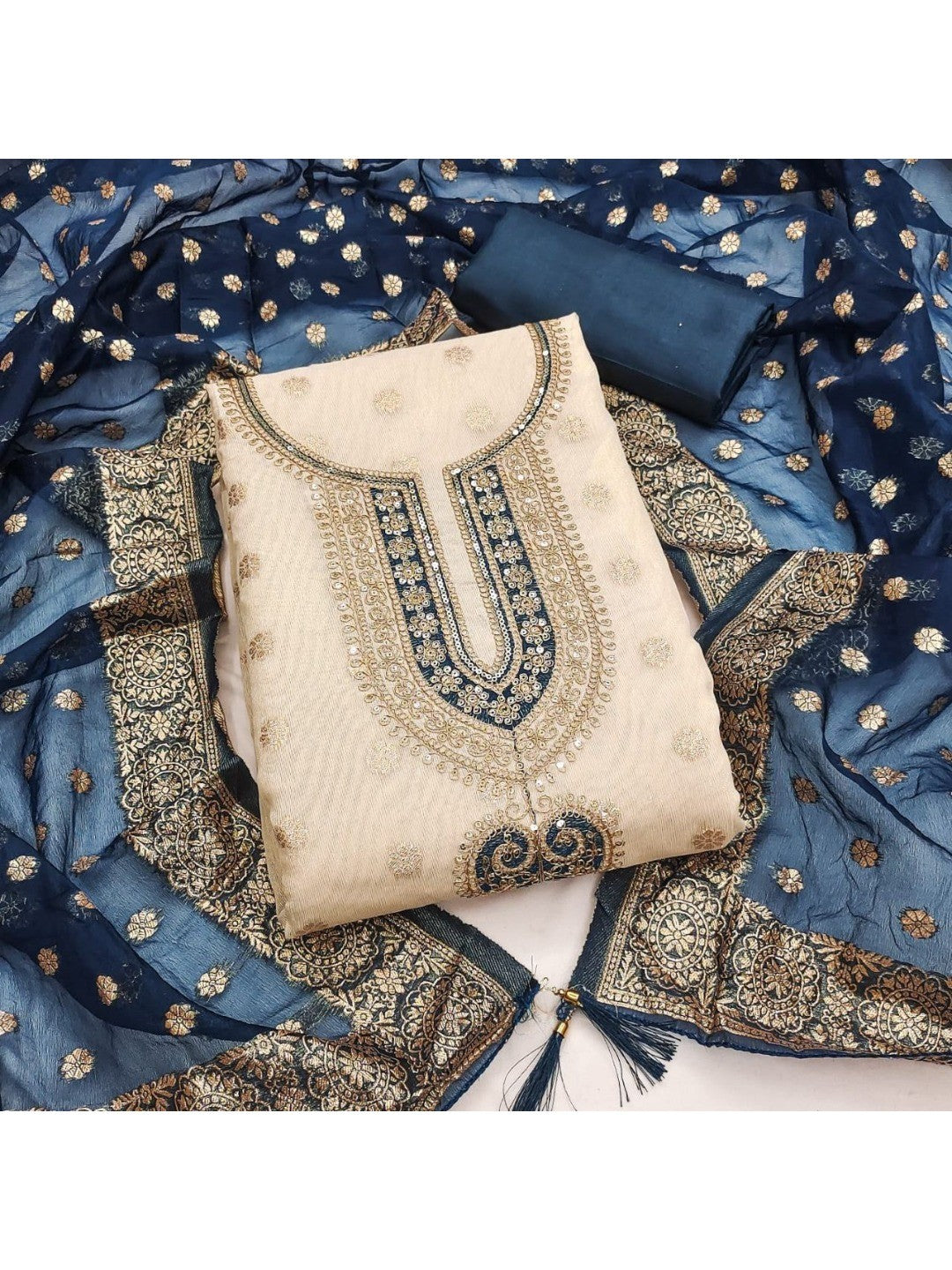 Cream & Blue Butti Weaving Shimmer Dress Material With Elegant Cording Embroidery Work On Neck - Image 1