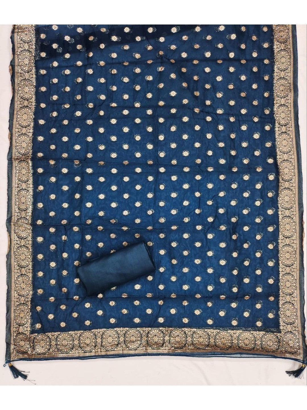 Cream & Blue Butti Weaving Shimmer Dress Material With Elegant Cording Embroidery Work On Neck - Image 5