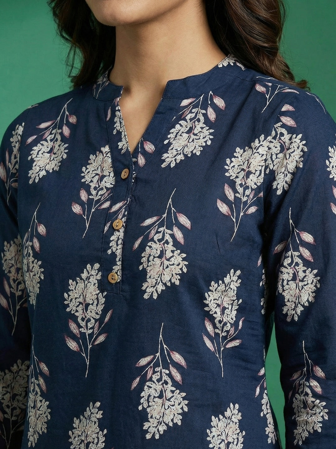 Navy Blue Floral Print Pure Cotton Top Crafted for Relaxed Casual Wear - Image 2