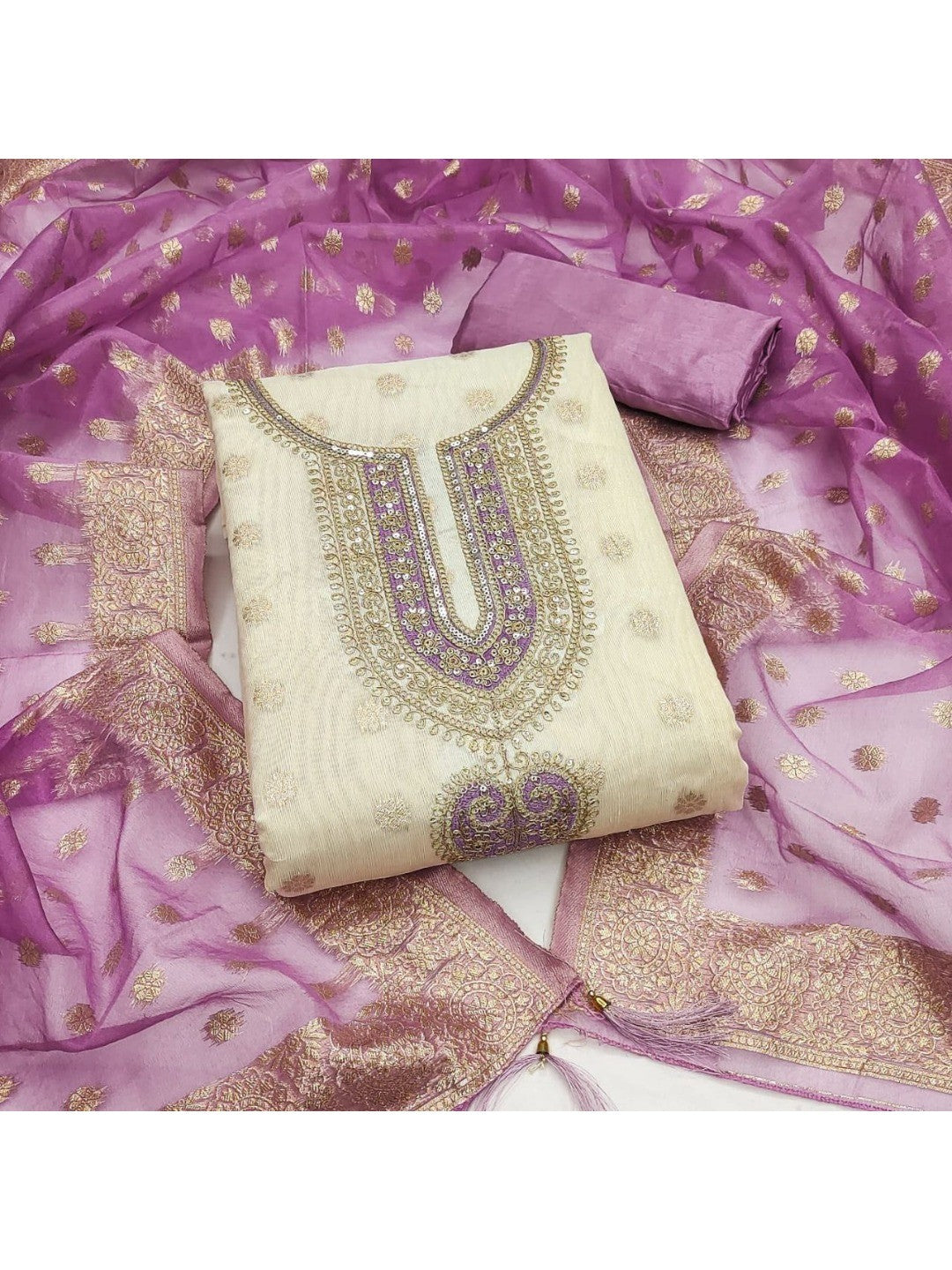 Cream & Lavender Butti Weaving Shimmer Dress Material With Elegant Cording Embroidery Work On Neck - Image 4