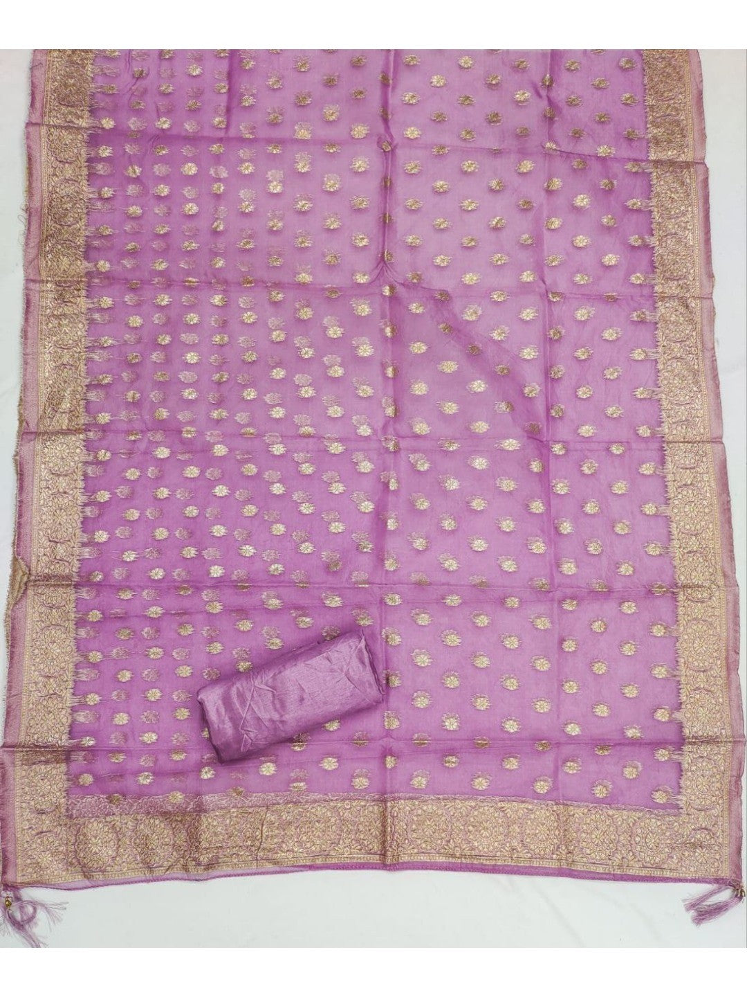 Cream & Lavender Butti Weaving Shimmer Dress Material With Elegant Cording Embroidery Work On Neck - Image 2