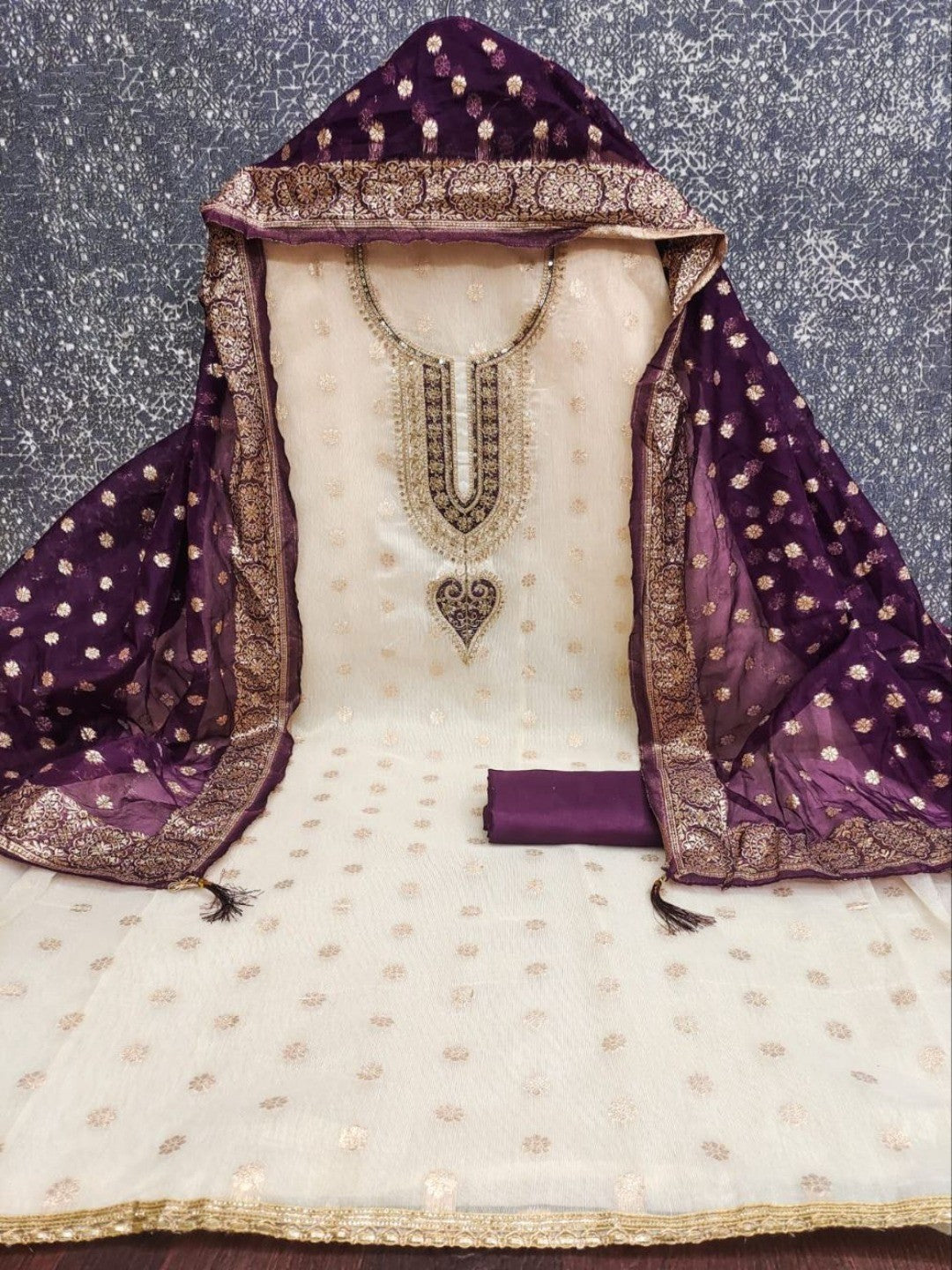 Cream & Wine Butti Weaving Shimmer Dress Material With Elegant Cording Embroidery Work On Neck - Image 3