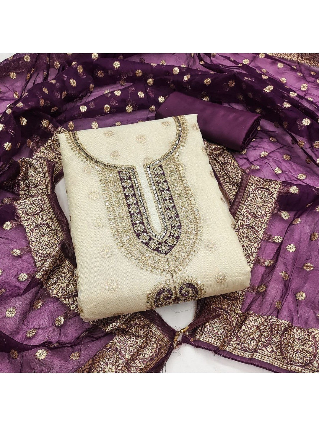 Cream & Wine Butti Weaving Shimmer Dress Material With Elegant Cording Embroidery Work On Neck - Image 1