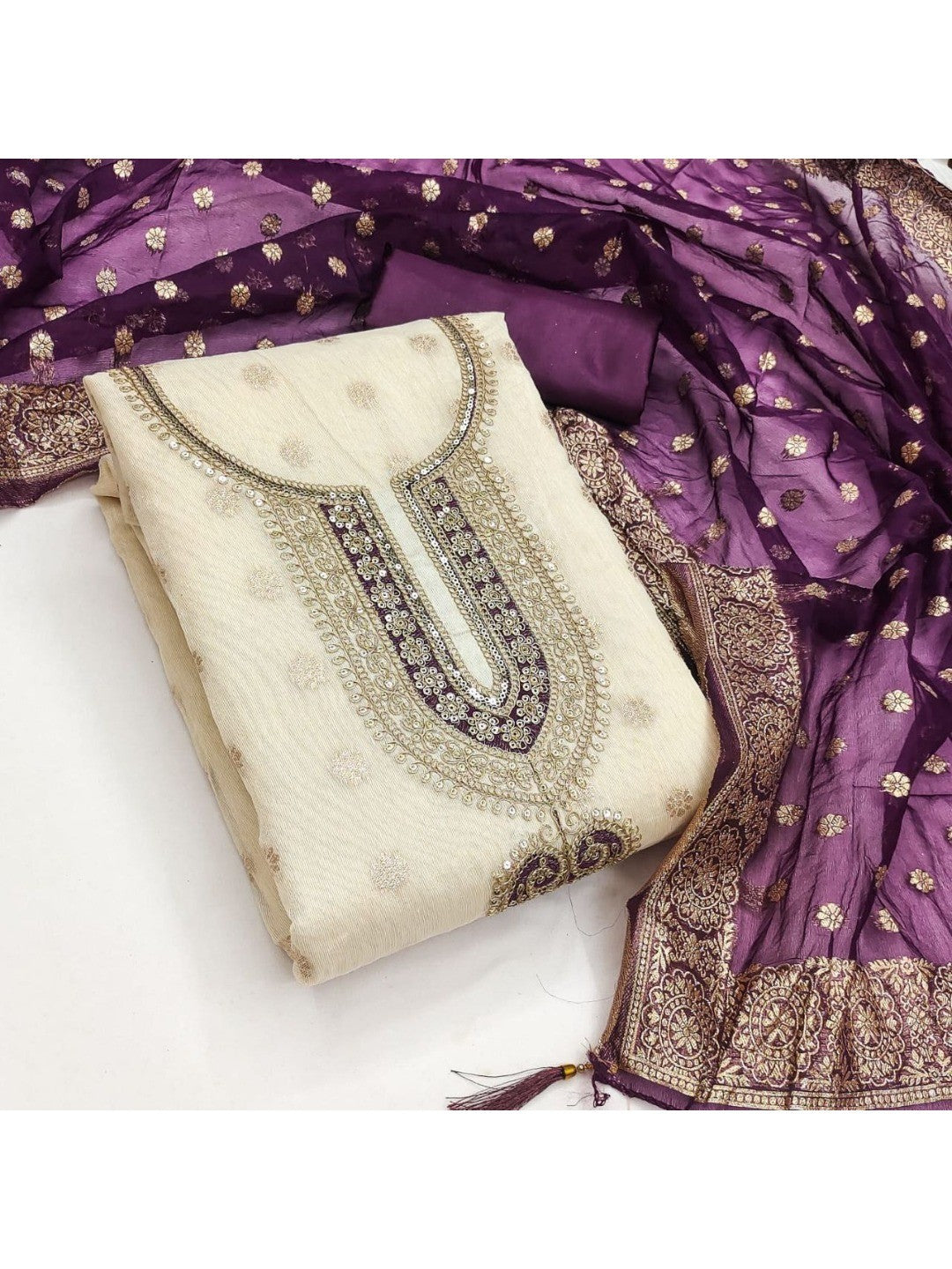 Cream & Wine Butti Weaving Shimmer Dress Material With Elegant Cording Embroidery Work On Neck - Image 4