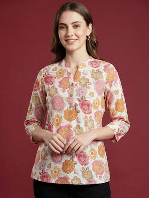 Off White Floral Print Pure Cotton Top Crafted for Relaxed Casual Wear - Image 1