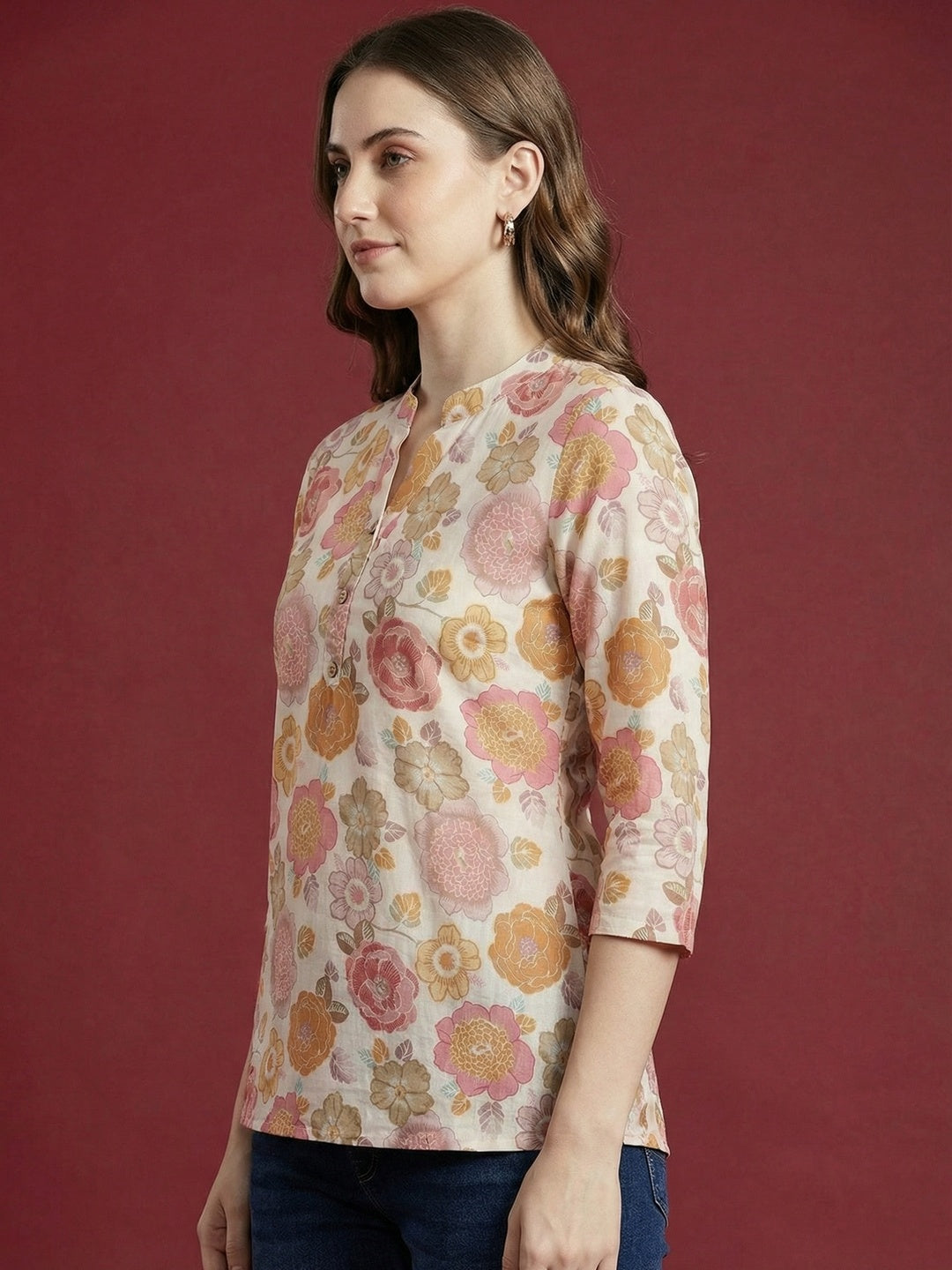 Off White Floral Print Pure Cotton Top Crafted for Relaxed Casual Wear - Image 2