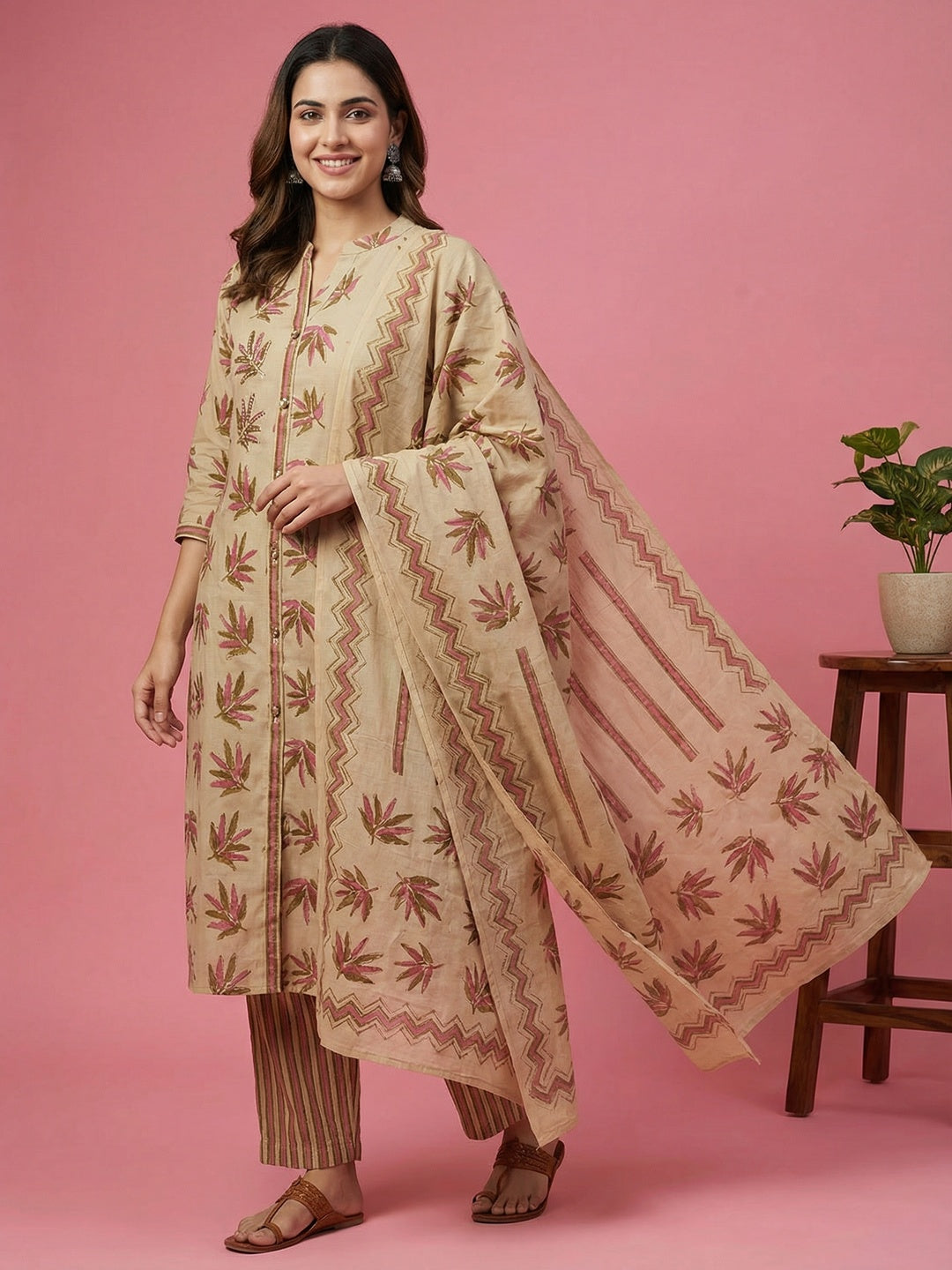 Beige Floral Printed Pure Cotton Straight Fit Salwar Suit - Image 1