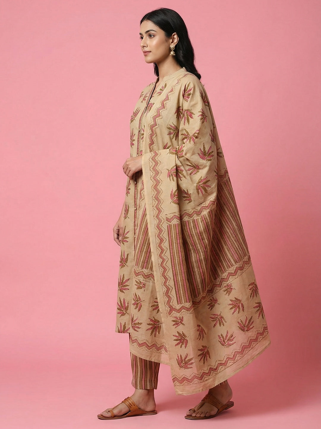 Beige Floral Printed Pure Cotton Straight Fit Salwar Suit - Image 3