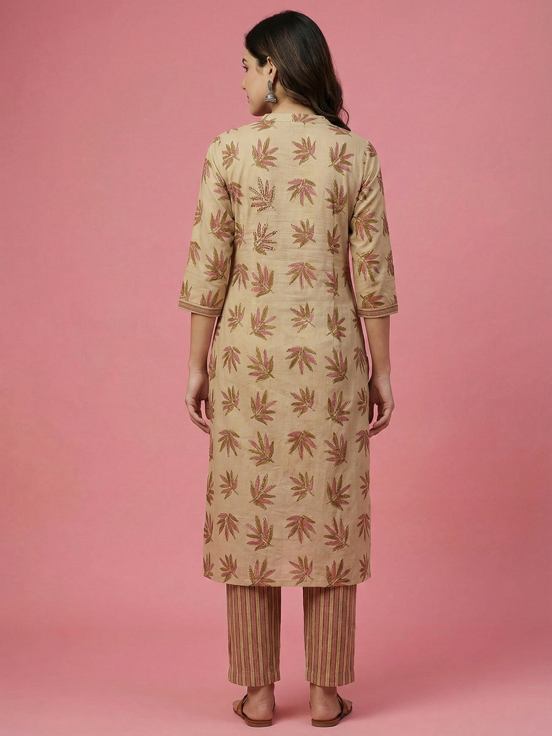 Beige Floral Printed Pure Cotton Straight Fit Salwar Suit - Image 2