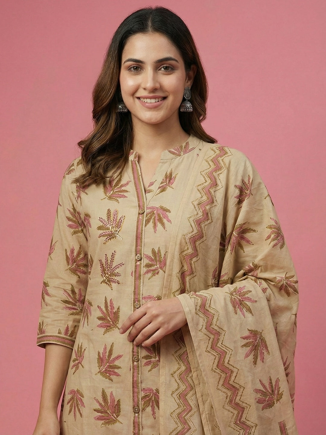 Beige Floral Printed Pure Cotton Straight Fit Salwar Suit - Image 3