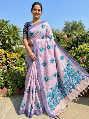 Lavender Cotton Blend Saree Inspired by Jamnadi Craft with Delicate Floral Woven Motifs - Image 1