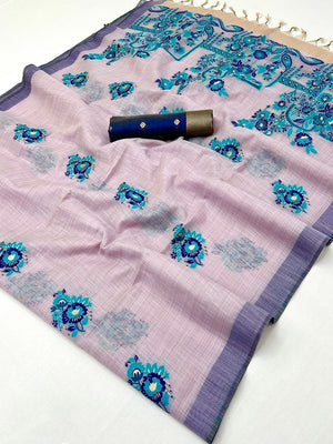 Lavender Cotton Blend Saree Inspired by Jamnadi Craft with Delicate Floral Woven Motifs - Image 2