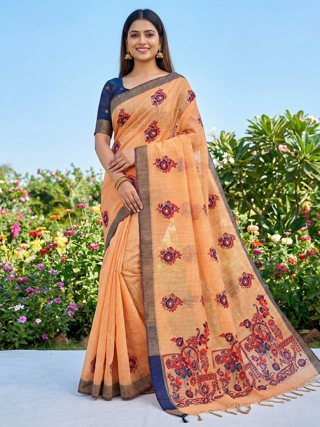 Orange Cotton Blend Saree with Jamnadi-Inspired Floral Woven Motifs - Image 1