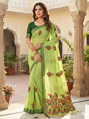 Green Cotton Blend Saree with Jamnadi-Inspired Floral Woven Motifs - Image 1