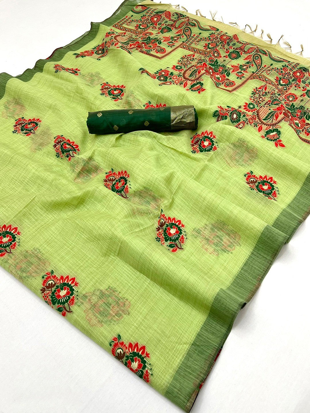 Green Cotton Blend Saree with Jamnadi-Inspired Floral Woven Motifs - Image 3