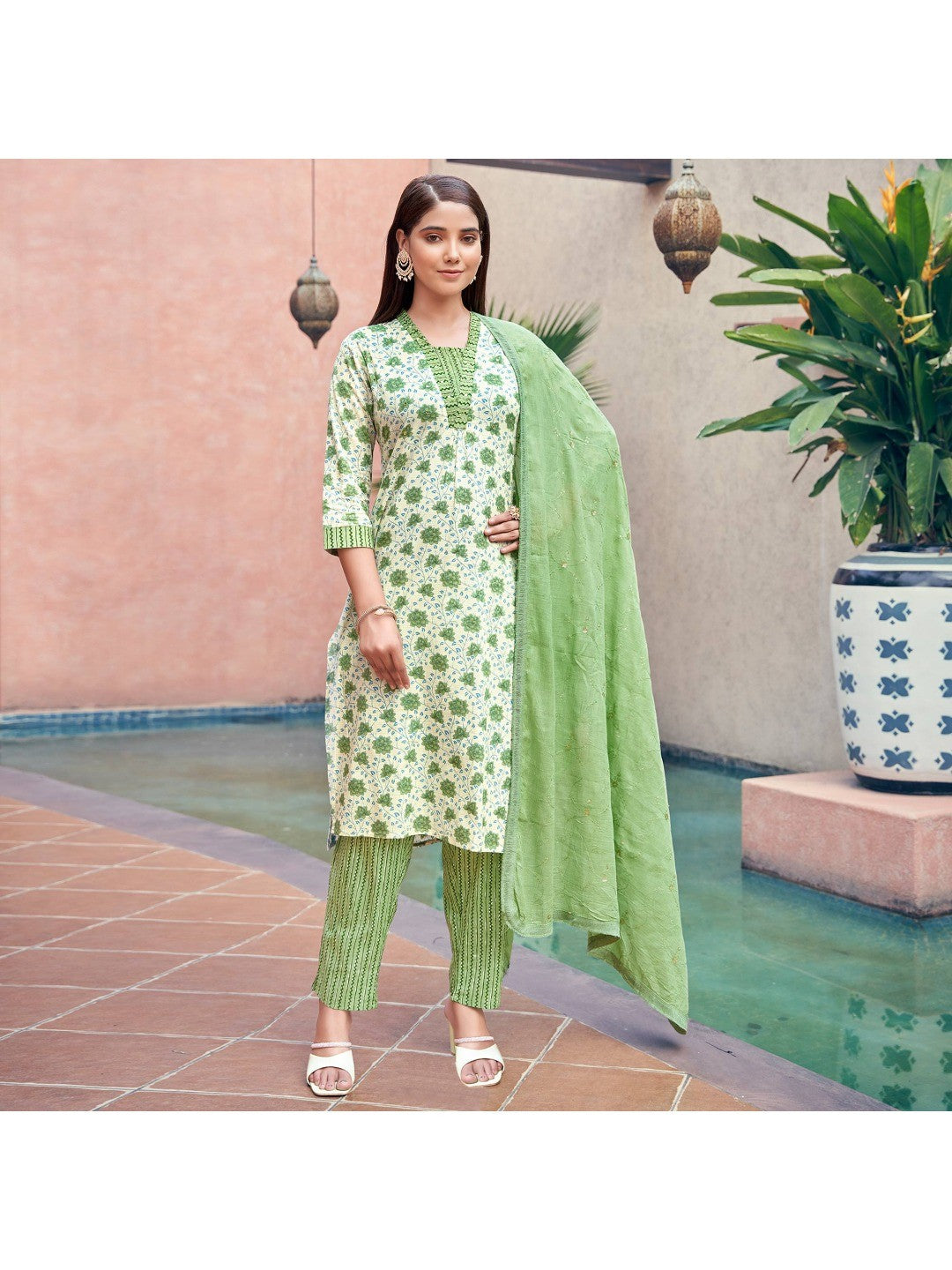 White & Green Floral Printed Pure Cotton Suit - Image 2