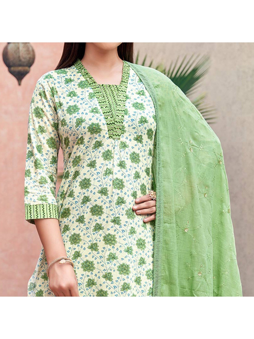 White & Green Floral Printed Pure Cotton Suit - Image 4