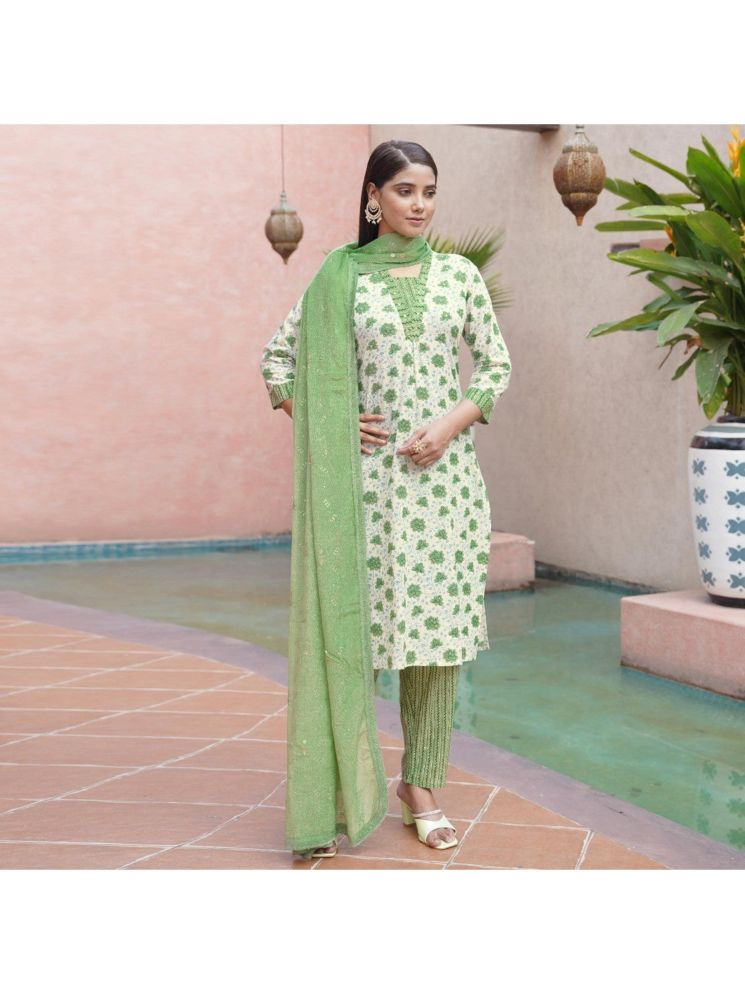 White & Green Floral Printed Pure Cotton Suit - Image 4